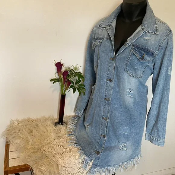 Long Distressed Jeans Jacket - Picture 4 of 8